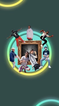 a group of people posing in front of a circular frame