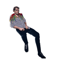 a man sitting on the ground with a colorful shirt